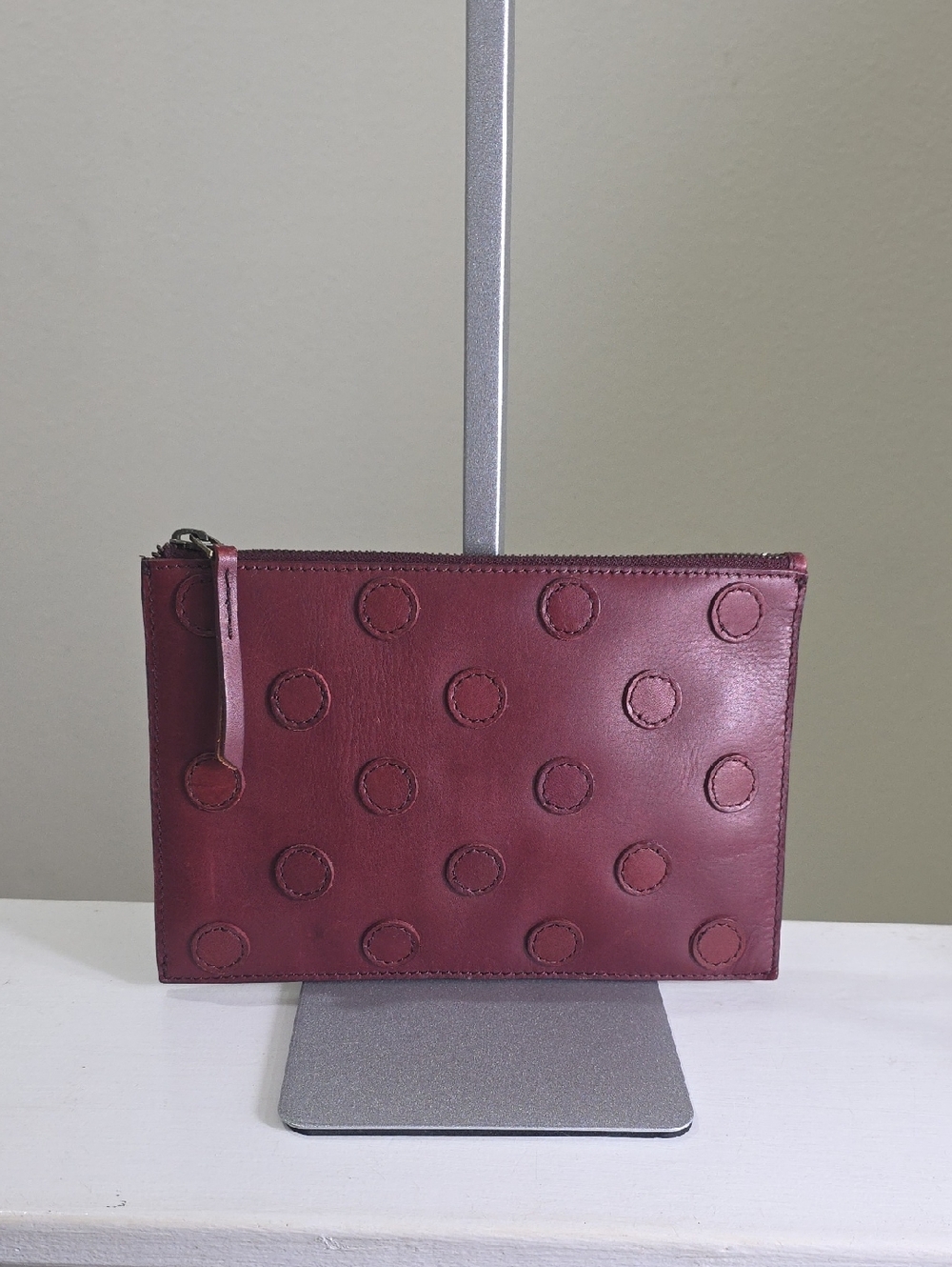 Madewell Burgundy Leather Polka Dot Clutch/Pouch EUC
